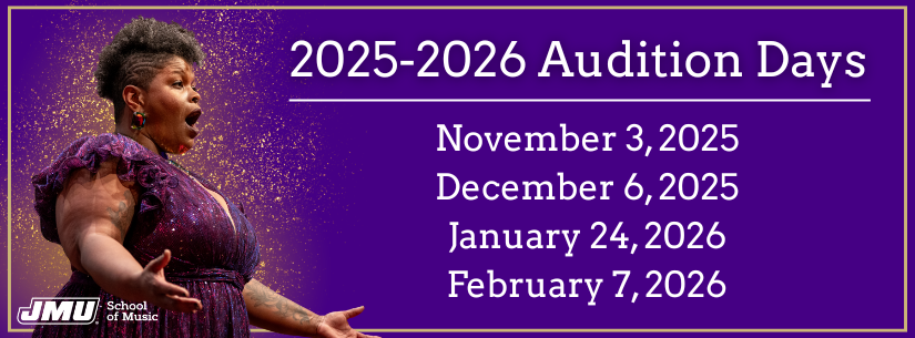 Purple background with woman singing. Title reads “2025-2026 Audition Dates: November 3, 2025, December 6, 2025, January 24, 2026, February 7, 2026."