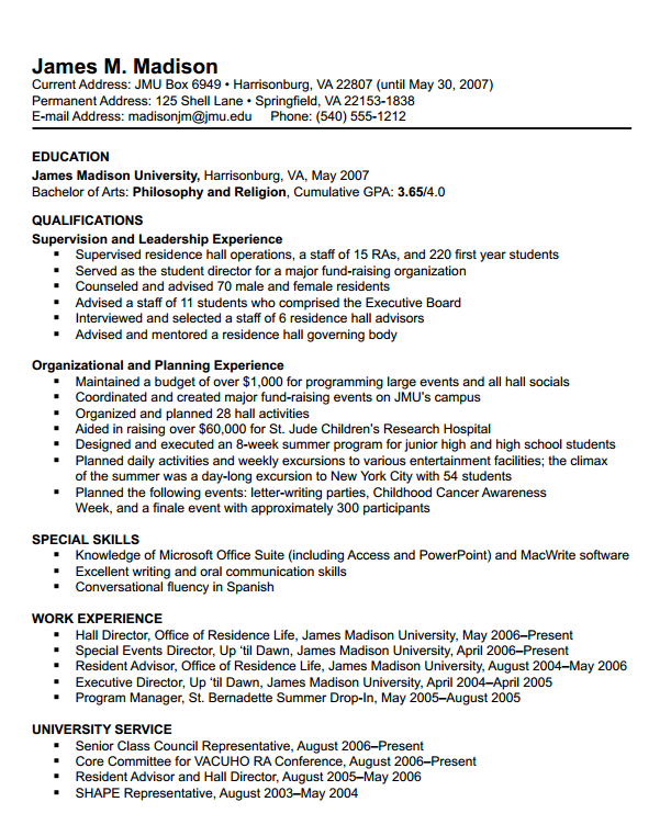 resume example for students