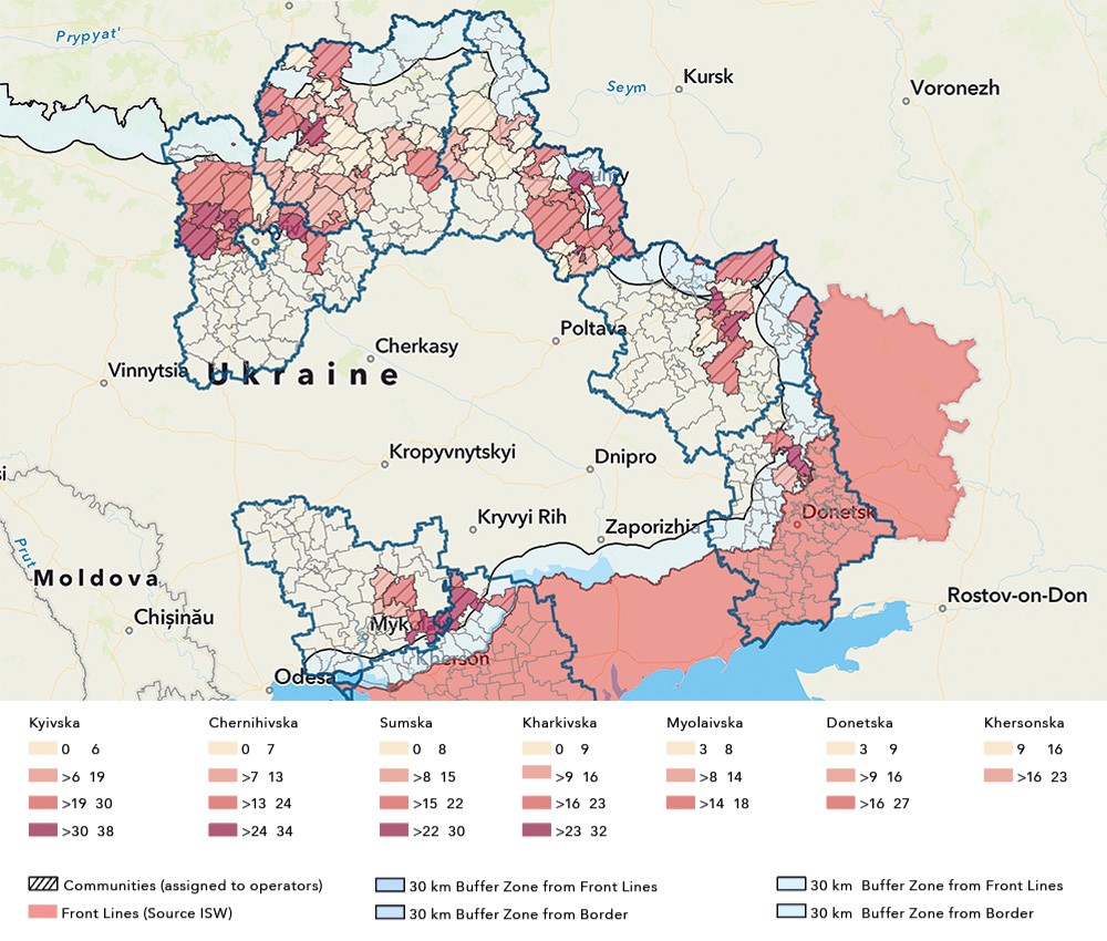 Map of Ukraine indicating priority communities using different colors