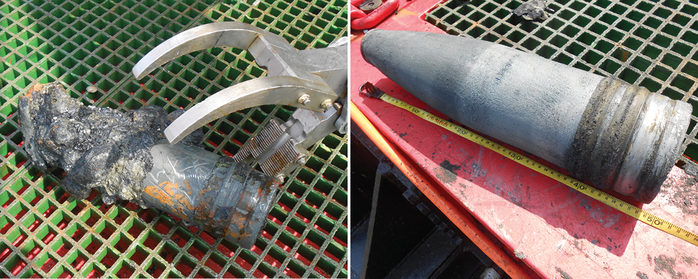 Two images, one a rusty metal object being picked up by shiny metal robotic hand; one of a clean munition on a red container next to measuring tape.