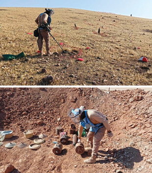 Two images, one of a man wearing personal protective equipment carries a metal detector, another of a man wearing personal protective equipment carries a munition in a pit dug into the ground with with other munitions. 