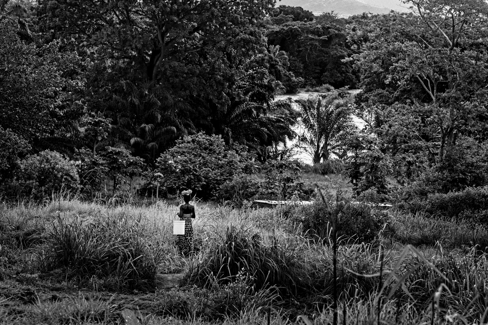 A woman wearing a skirt walks through vegetation carrying a white bucket.