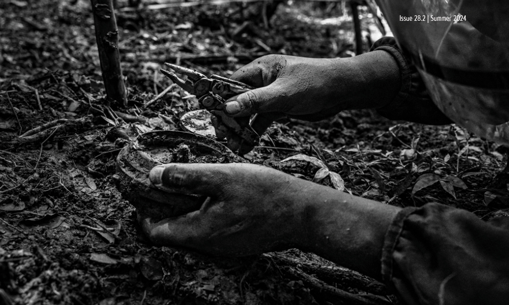 The hands of a deminer hold a landmine and a multitool.
