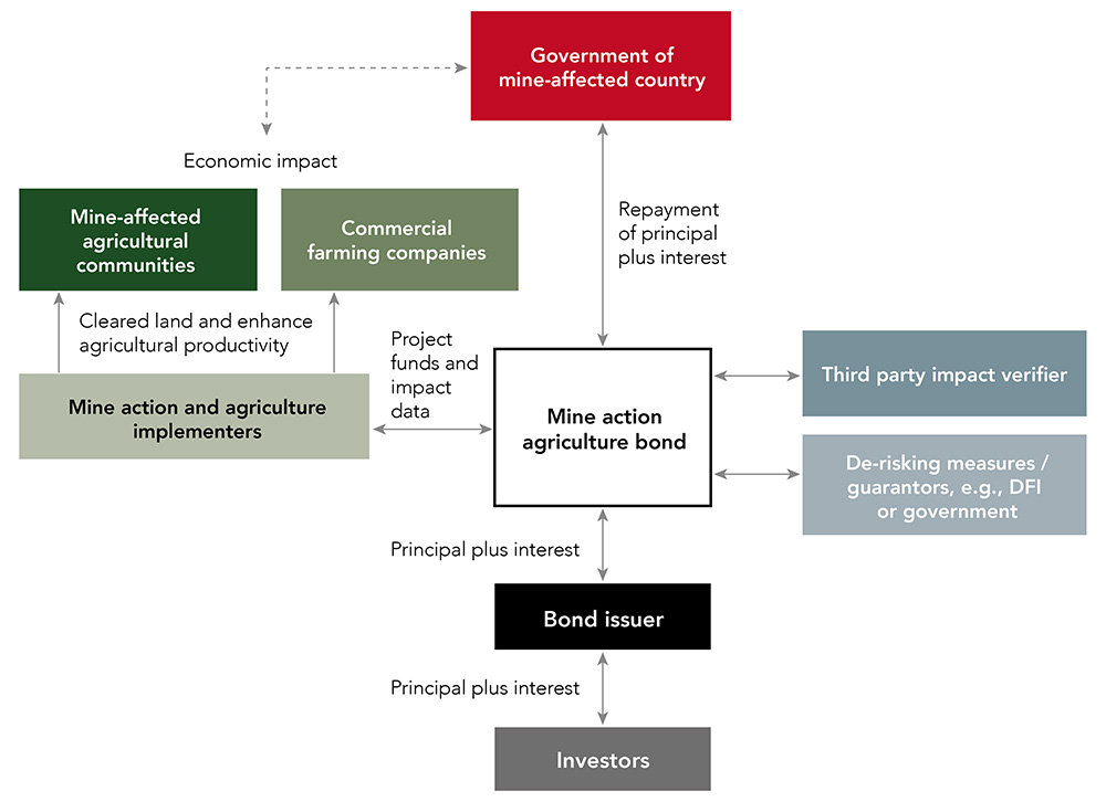 A flow chart with rectangles pointing to other rectangles based on the relationship of entities to a mine action agriculture bond.