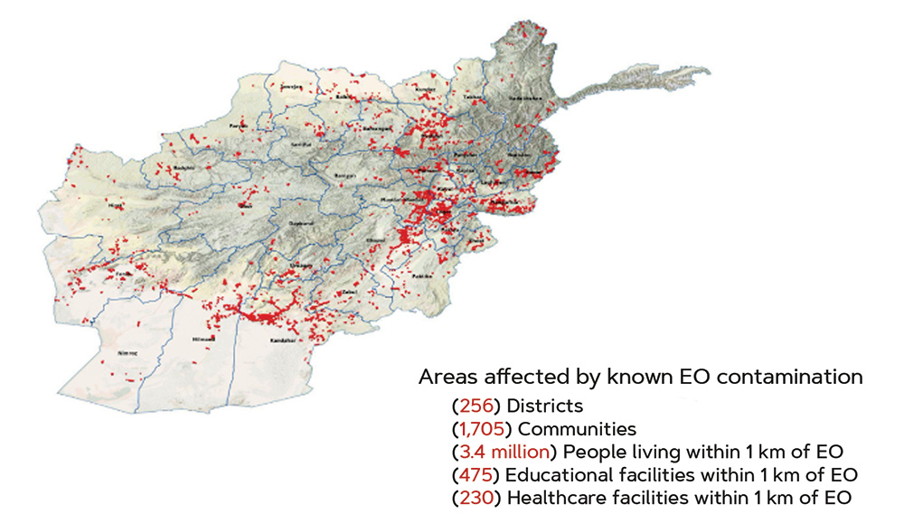 Map of Afghanistan with metrics about areas affected by known explosive ordnance contamination. 