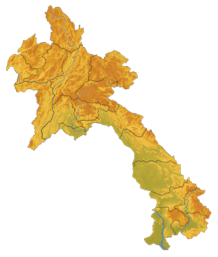 A cutout of a map of Lao PDR with orange, yellow, light green, and blue detailing depicting topography and rivers.