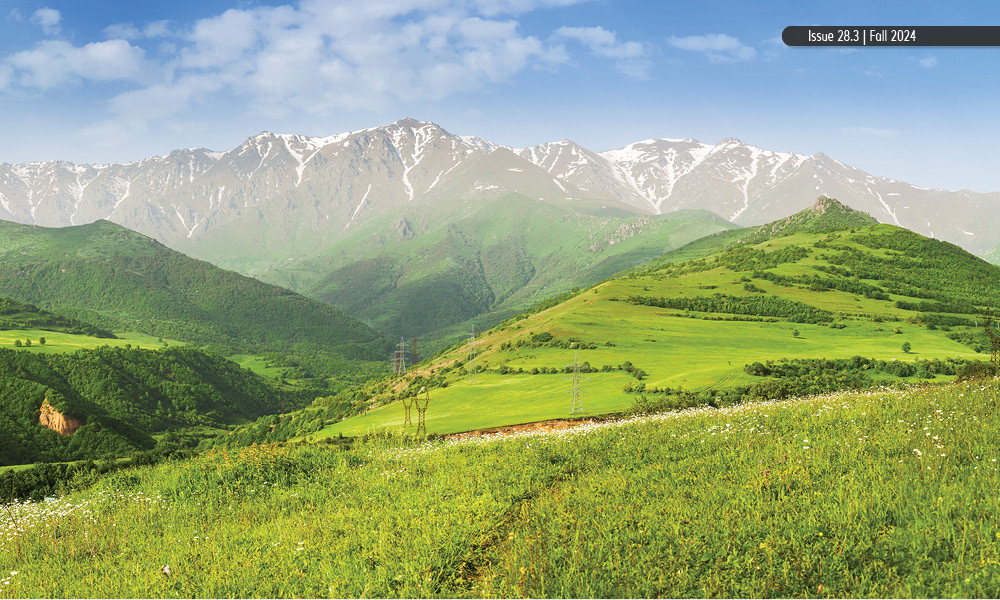 Rolling hills with luscious green grass and snow-peaked mountains in the background.