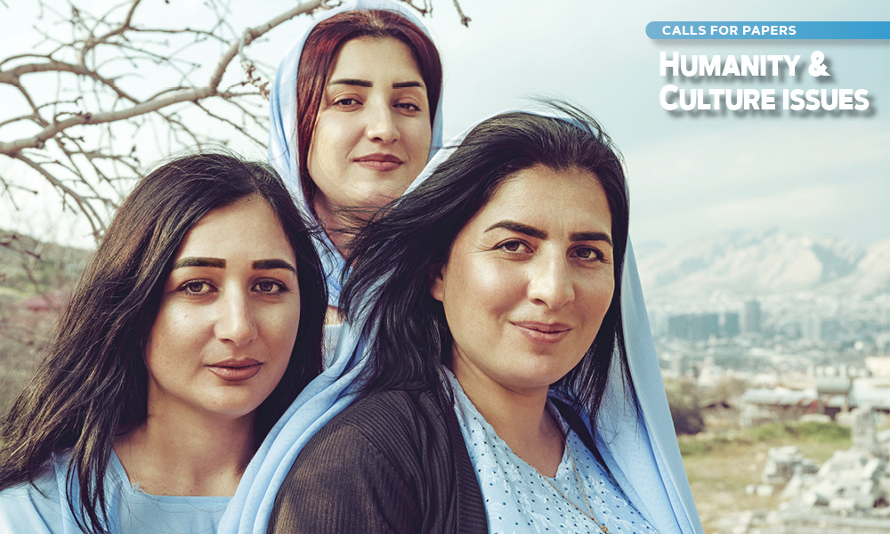 Three women in blue dresses sit close together with a city in the background, superimposed text reads "Humanity & Culture".