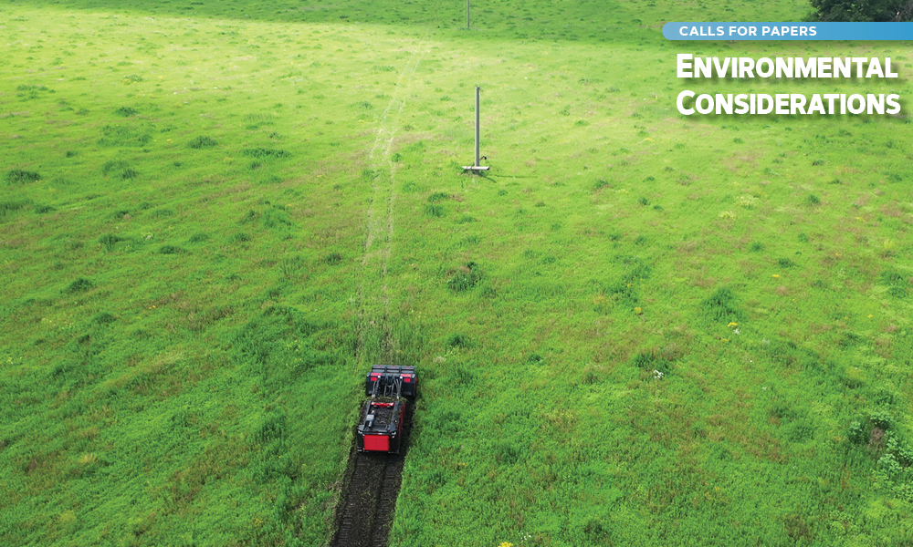 A large red machine cuts a path through a green field; superimposed text reads "Environmental Considerations".