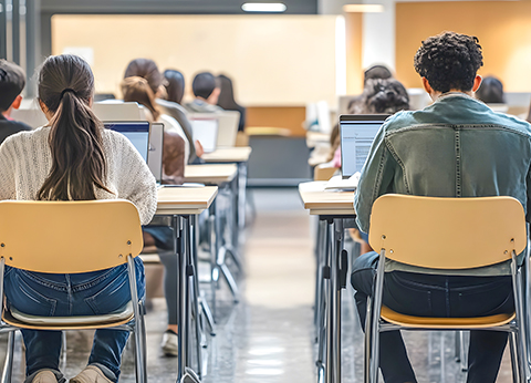 Back profile of students in a classroom using laptops at their desks.