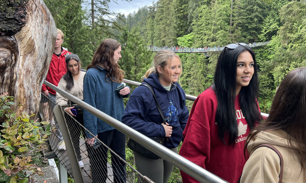 Students cross a suspension bridge surrounded by green forest.