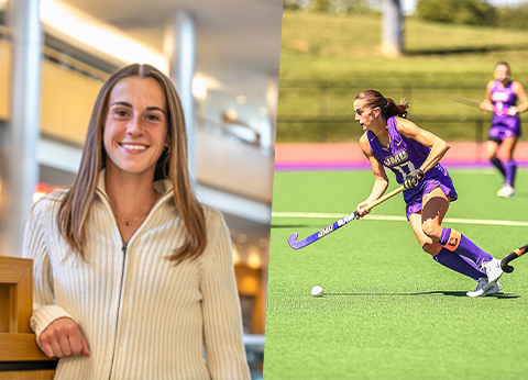 A split image featuring Cassidy smiling indoors and another action shot of her playing field hockey in a purple uniform.