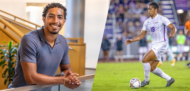 Two pictures side by side of Demitri Turner. On the left he stands in the college of business, on the right is an action shot of his on the soccer field. 