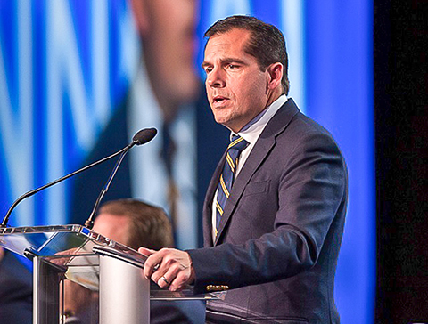 Derek Sprague (‘88), speaks during the General Session of the 98th PGA Annual Meeting in 2014 at The JW Marriott in Indianapolis, Indiana, in his capacity as president.