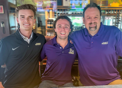 Left to right, John McGrinder (’22), Jamie Prince (’22) and Bryan Roberts (’95) are among the leaders – past and present – of the Dallas-Fort Worth chapter of the JMU Alumni Association.