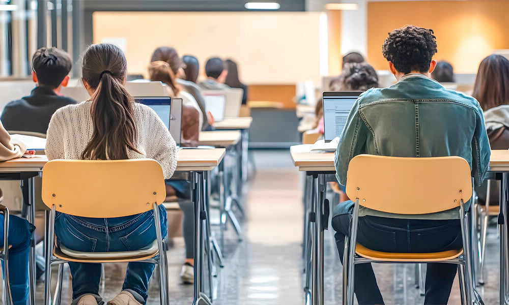 An AI generated stock image showing students sitting at desks on their laptops. 