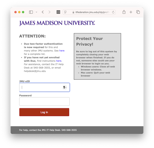 JMU Standard Login Screen