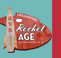 Graphic sign for Rocket Age exhibit with USA labeled rocket and artist palette