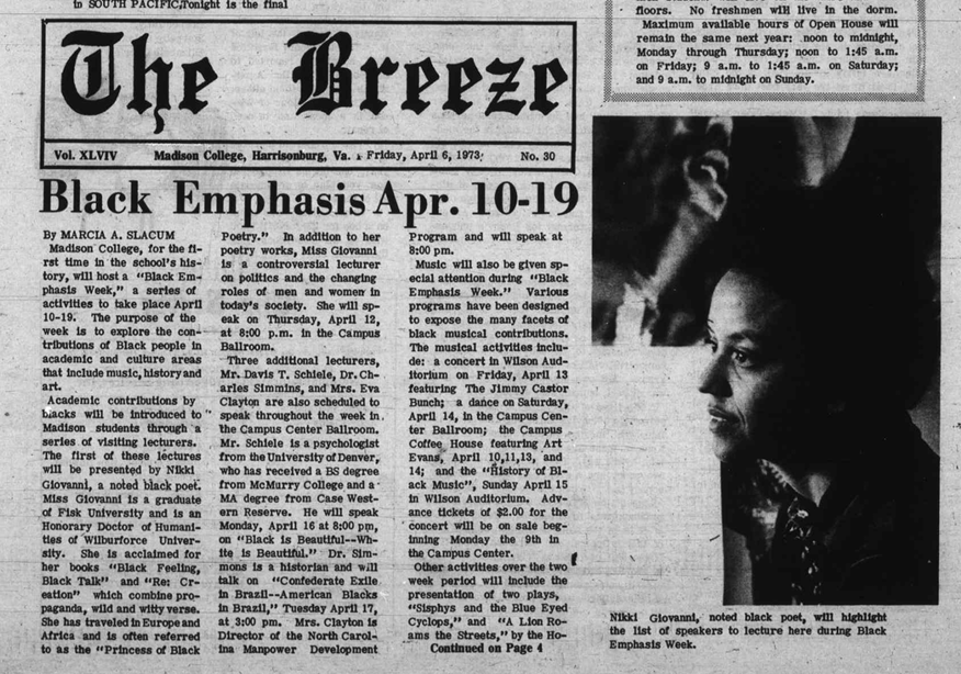 A scan of a 1973 Breeze Article titled Black Emphasis Apr. 10-19.