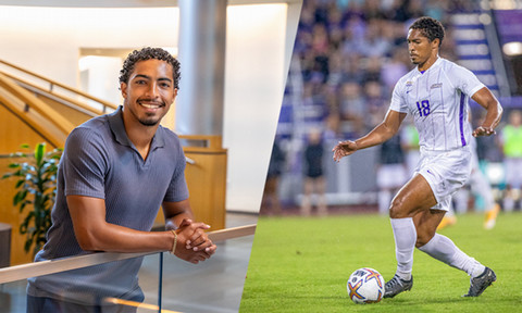 Portrait of a student and action shot of the student playing intercollegiate soccer