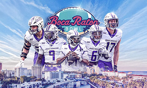 Football players gathered around the logo for the Boca Raton Bowl.