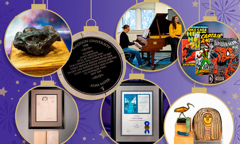 Graphic of holiday ornaments with gifts to JMU pictured within.