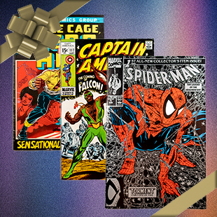 A digital collage of classic comic book covers featuring characters like Luke Cage, Captain America, and Spider-Man, adorned with a decorative bow.