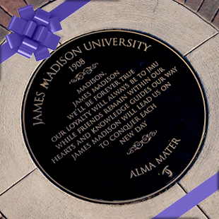 Commemorative plaque for James Madison University, featuring the university's motto and dedication to its community.