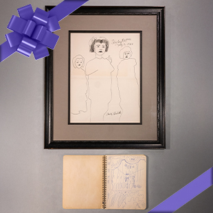 Framed artistic sketch featuring three figures by Andy Warhol, accompanied by a spiral-bound sketchbook with drawings.