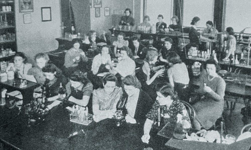 Black and white photo of The Curie Science Club at Madison College in 1939: Although teacher training remained the principal function of the college in the late 1930s and 1940s, students were required to take general courses in biology, chemistry, physics and geology.