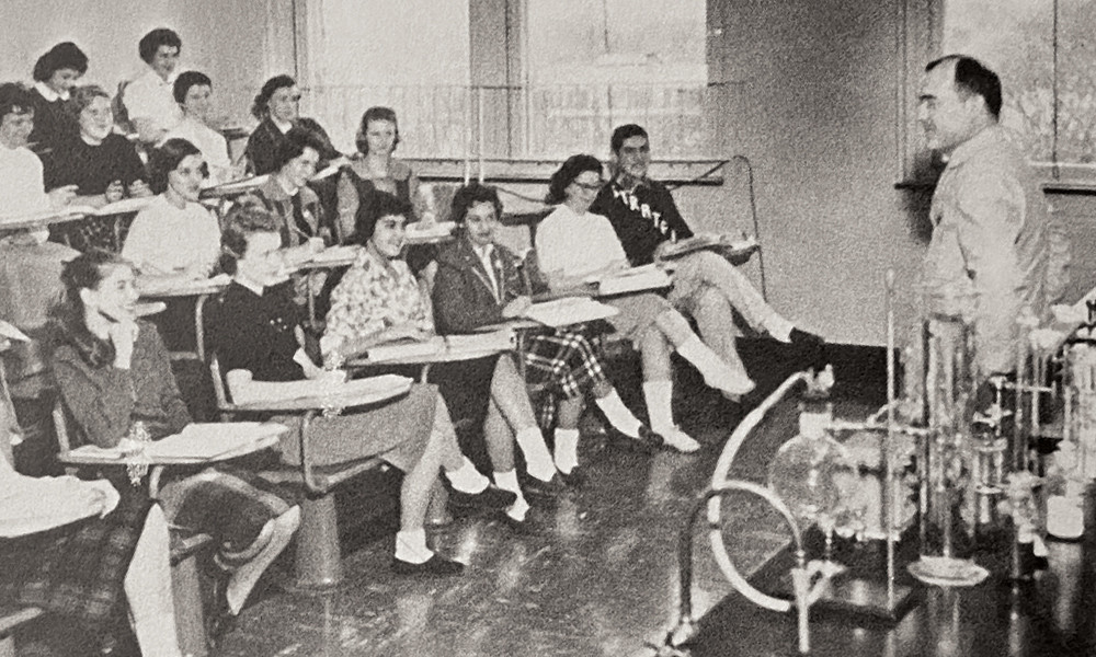 Black and white photo of students in a general-education science classroom in 1960