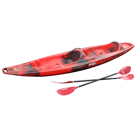 red 2 person kayak with paddles