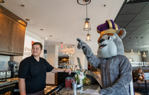 School mascot at a coffee shop