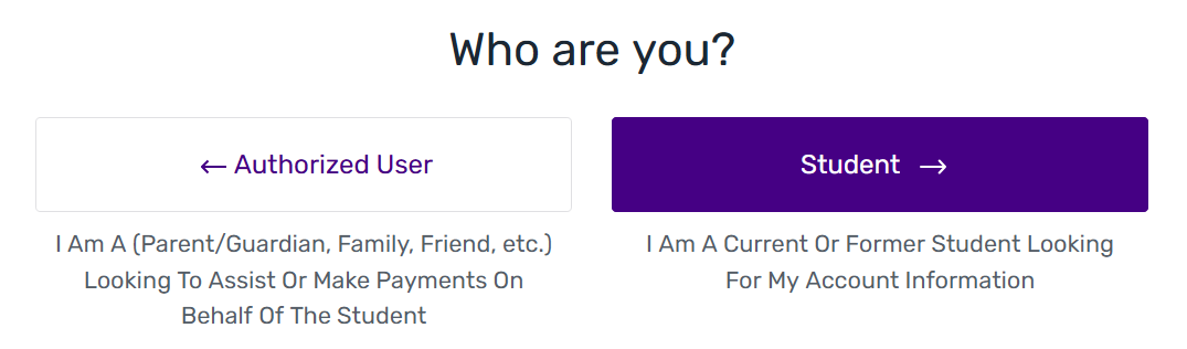 Image directing account creator to choose whether they are an Authorized User or a Student