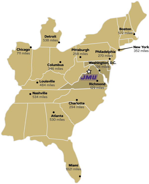 Map displaying JMU's location on the east coast of the United States