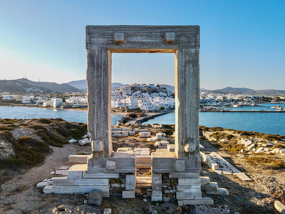 View of Paros, Greece through a stone window