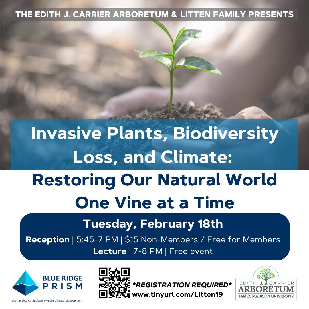 Event flyer promoting a lecture on invasive plants and biodiversity loss, featuring details about the schedule, pricing, and registration for the event.