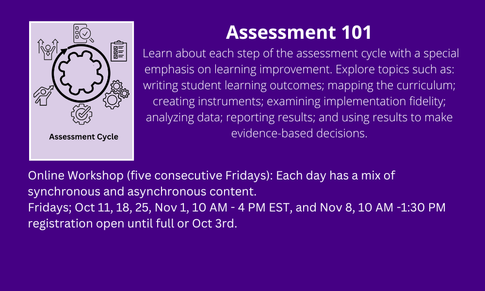 White text on purple backgroud. information of assessment 101 workshop for fall 2024