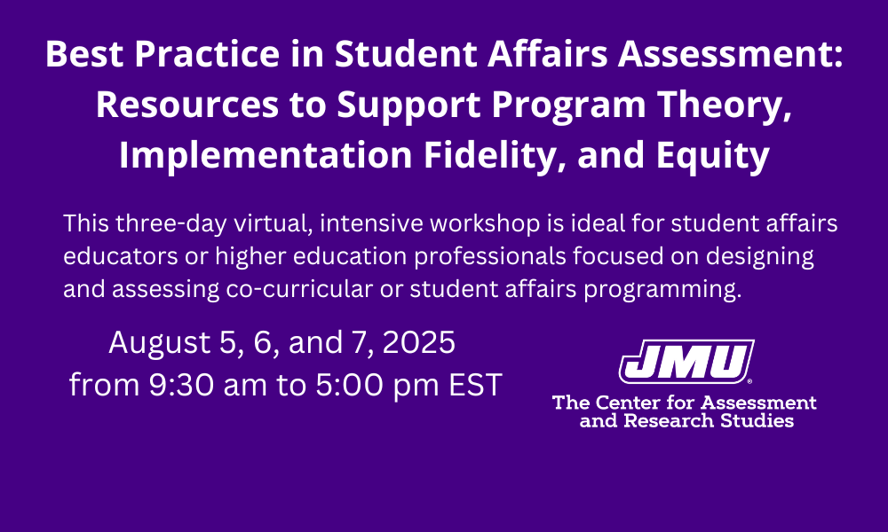 White text on purple background annoucing "Best Practice in Student Affairs Assessment" workshop for summer 2025