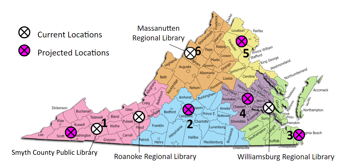 projected locations in northern virginia, south west virginia, central virginia, eastern shore,and eastern central virginia