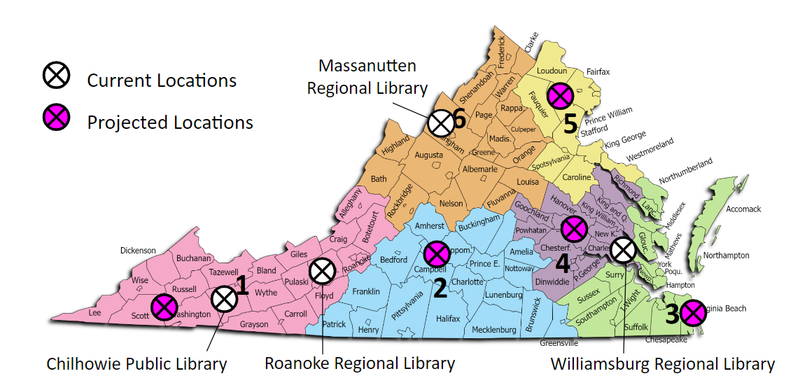 virginia map showing projected library locations in southwest, eastern, central, and southeastern virginia