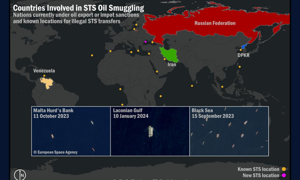 Red and black graphic of countries involved in ship to ship oil smuggling