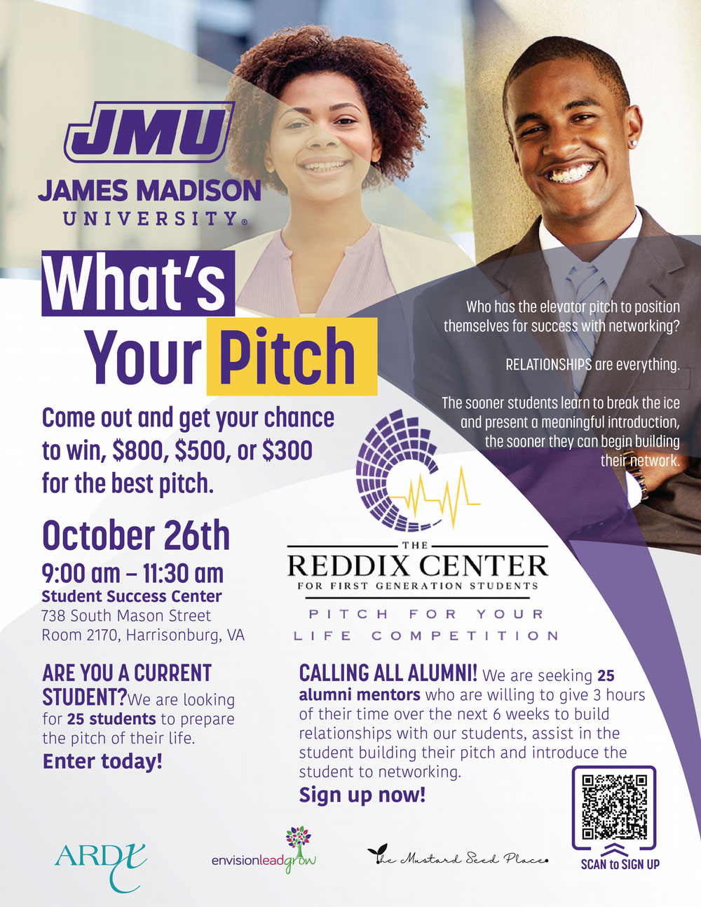 Flyer for "What's Your Pitch" event which includes the prizes, date, and time.