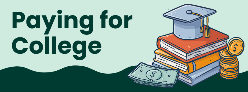 Illustration with the text “Paying for College,” showing a graduation cap on stacked books beside cash and coins.