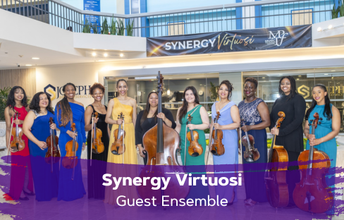 Photo features group of women string players; text reads synergy virtuosi guest ensemble