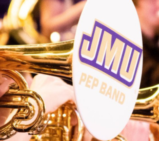 mellophone with white cover that says JMU Pep Band