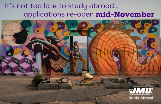 student standing in front of a mural in another country.