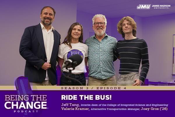 Logo for the "Being the Change" podcast featuring the host and guests discussing transportation. The image highlights the episode titled "Ride the Bus!" with guest names and season details included.