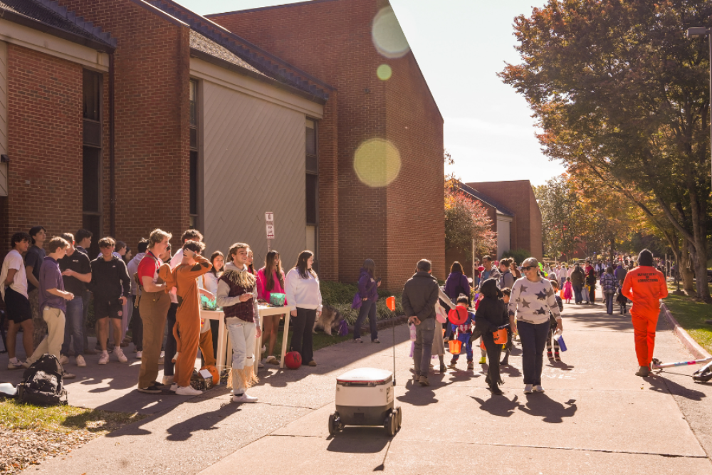 Members of various fraternities and sororities dressed in costume at a trick or treat event on greek row