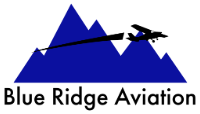 Blue mountains with black plane flying in front of them, with "Blue Ridge Aviation" written in black text underneath